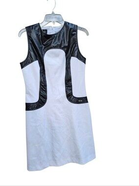 Fitelle White Mini Shift Dress with Black Faux-Leather Trim